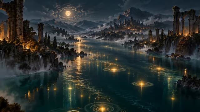A moonlit river with golden lights sinking beneath the water