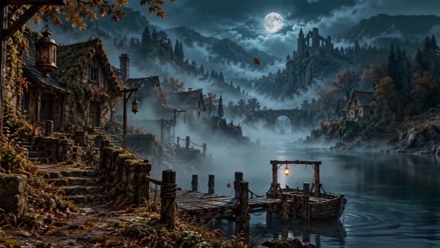 A quiet misty village by the water at night